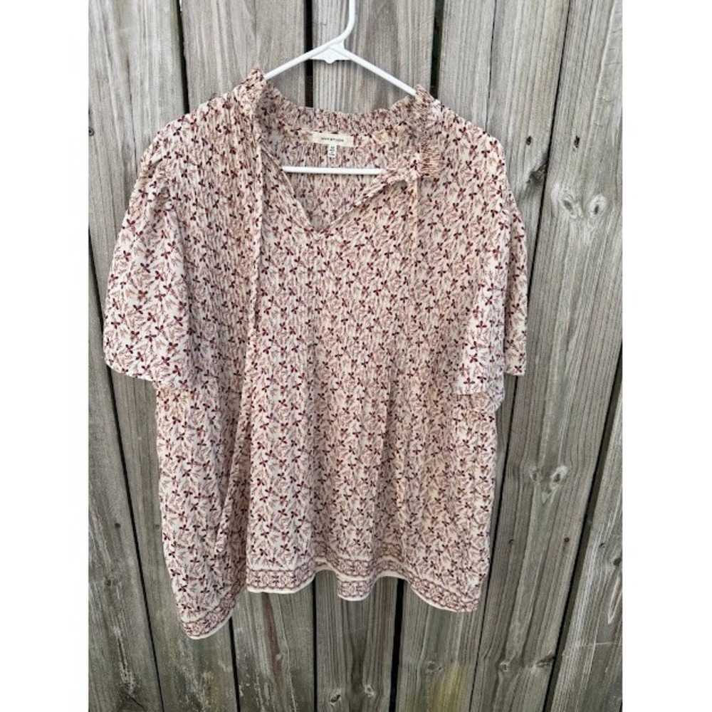 Boho Cottagecore Max Studio Blouse Medium Cream Red Floral Pleated Peasant Top